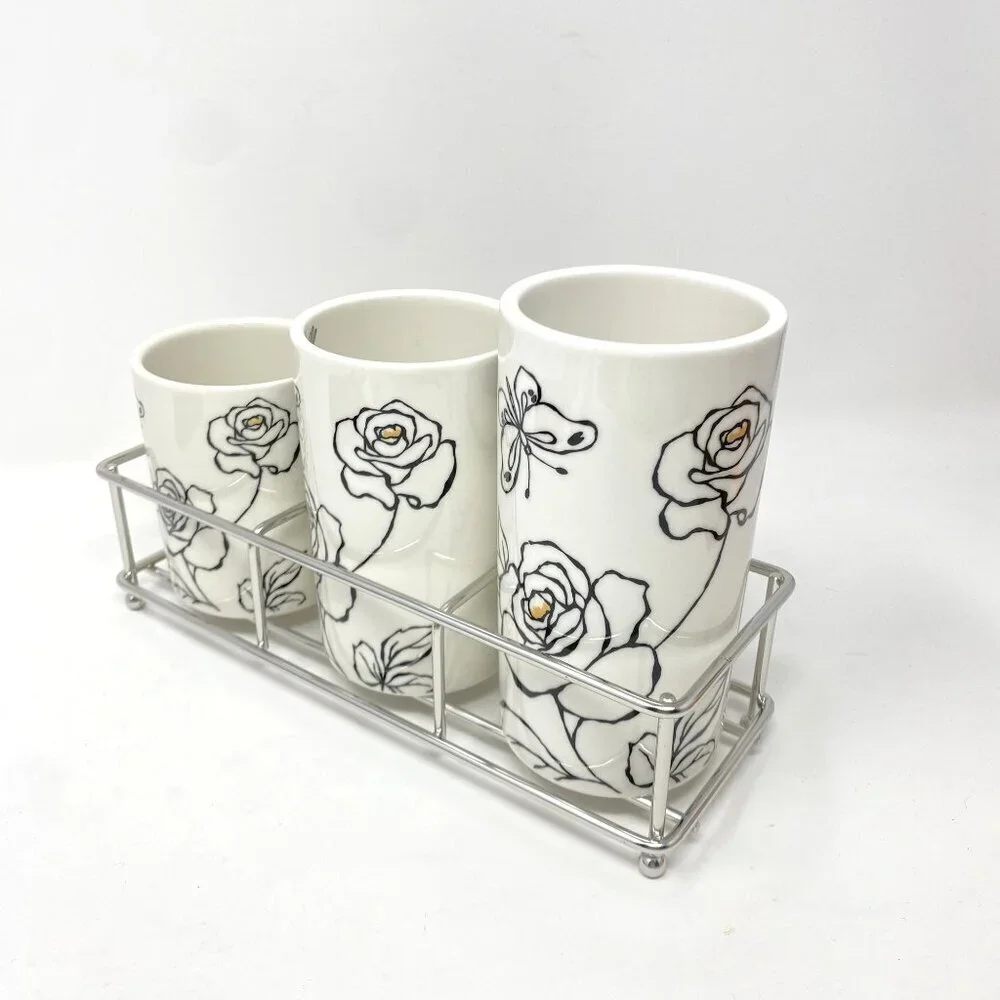 Chulkart Minceramics Korean Made Set of 3 Utensil Holders Silver Carryall NWT